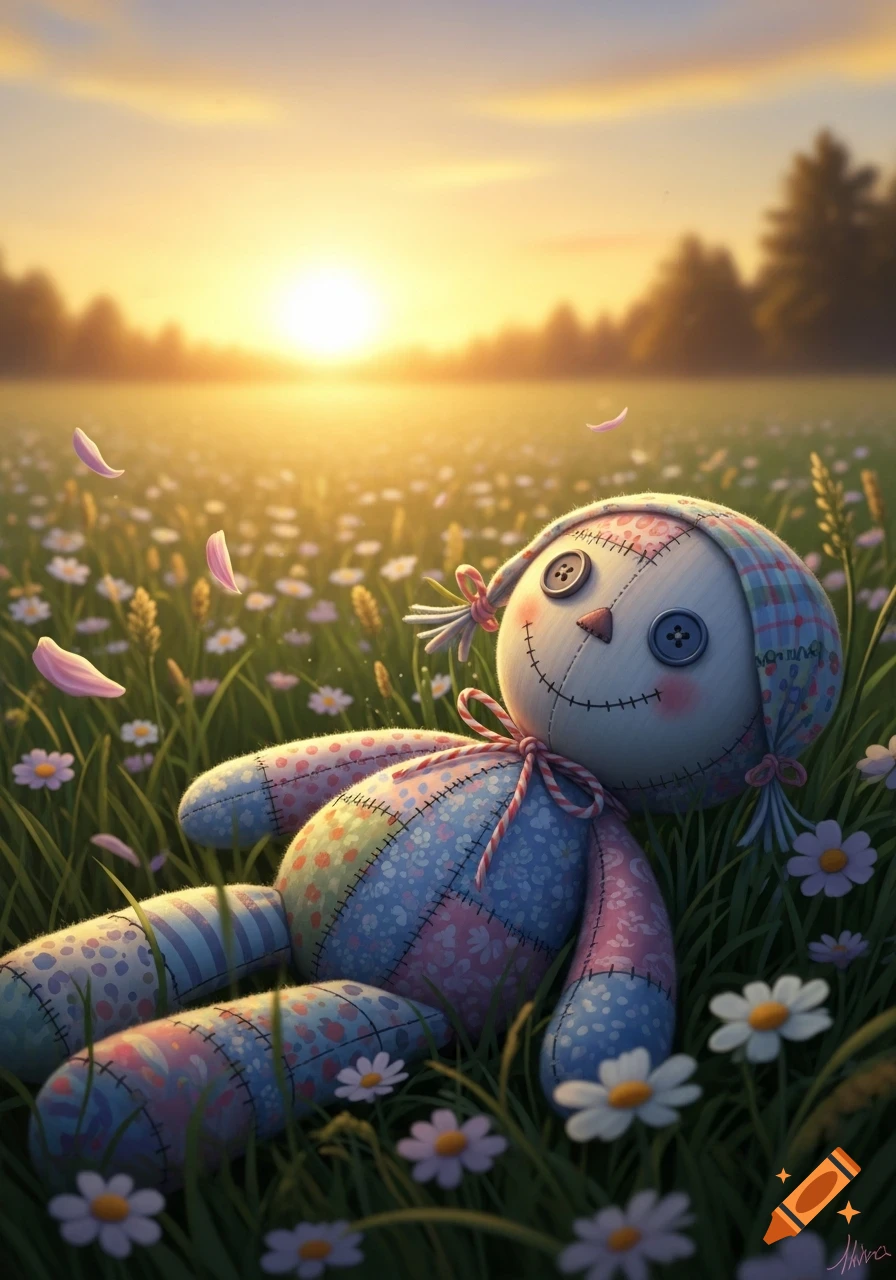 A patchwork ragdoll with button eyes lies in a field of white and purple flowers at sunset, with pink petals falling around it.