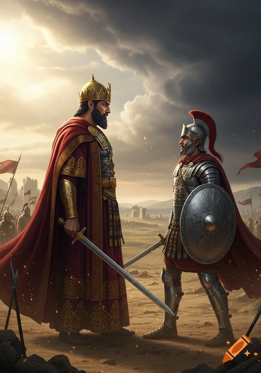 Two richly armored ancient warriors, one king-like and one Roman, stand with swords drawn on a battlefield under a dramatic sky.