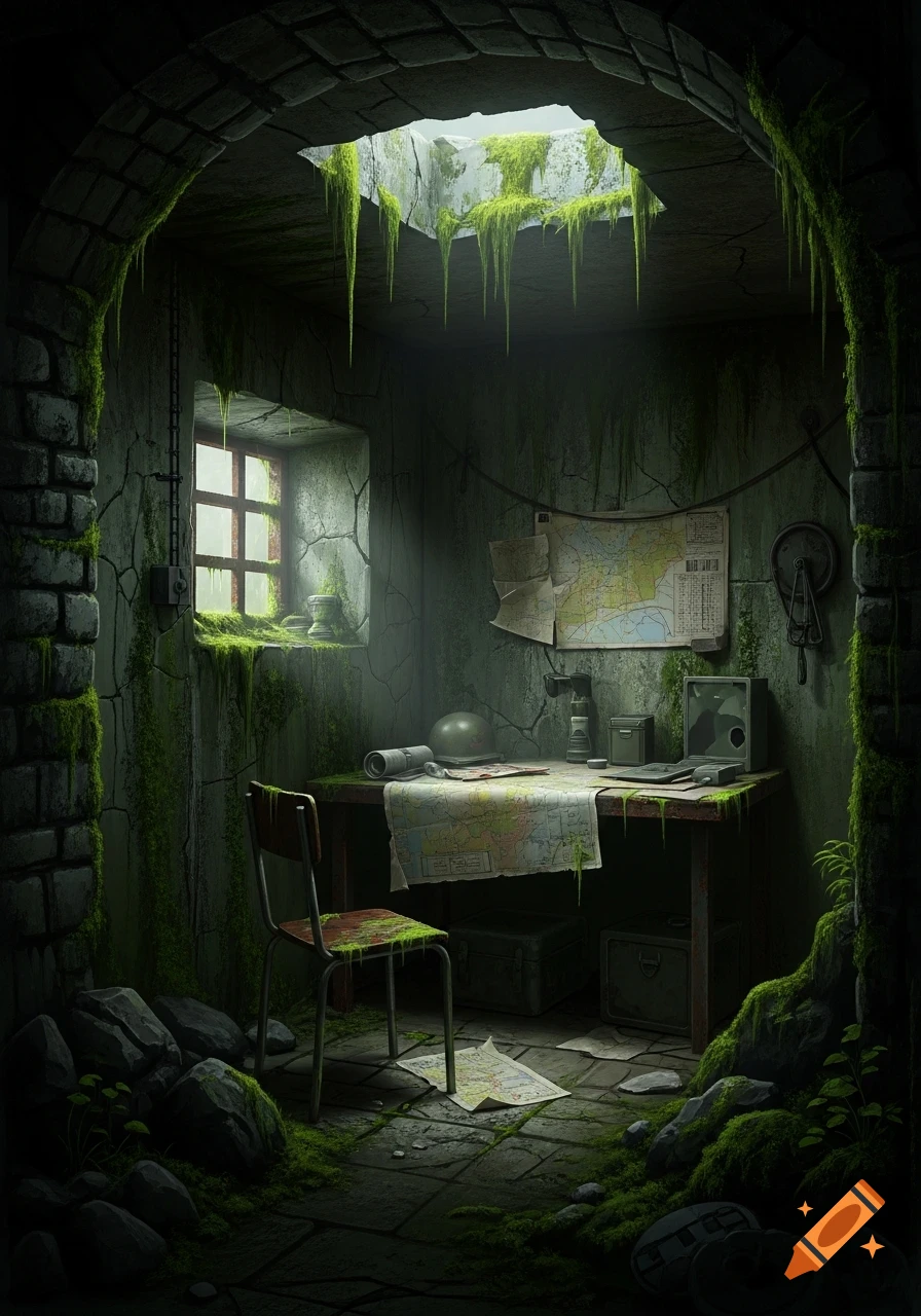 An overgrown, abandoned stone bunker interior with a desk, chair, maps, and sunlight streaming through a skylight and window.