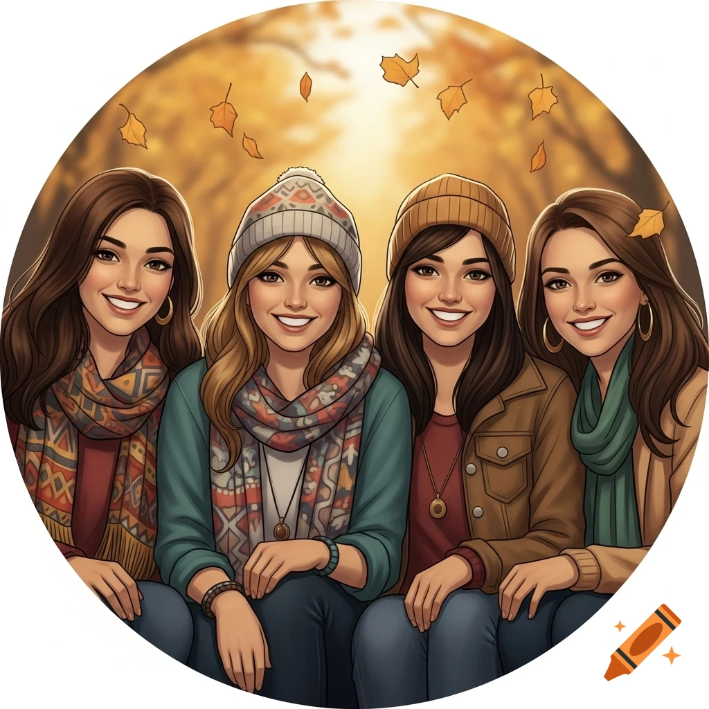 Four cartoon friends smiling in autumn outfits with fall leaves in the background.
