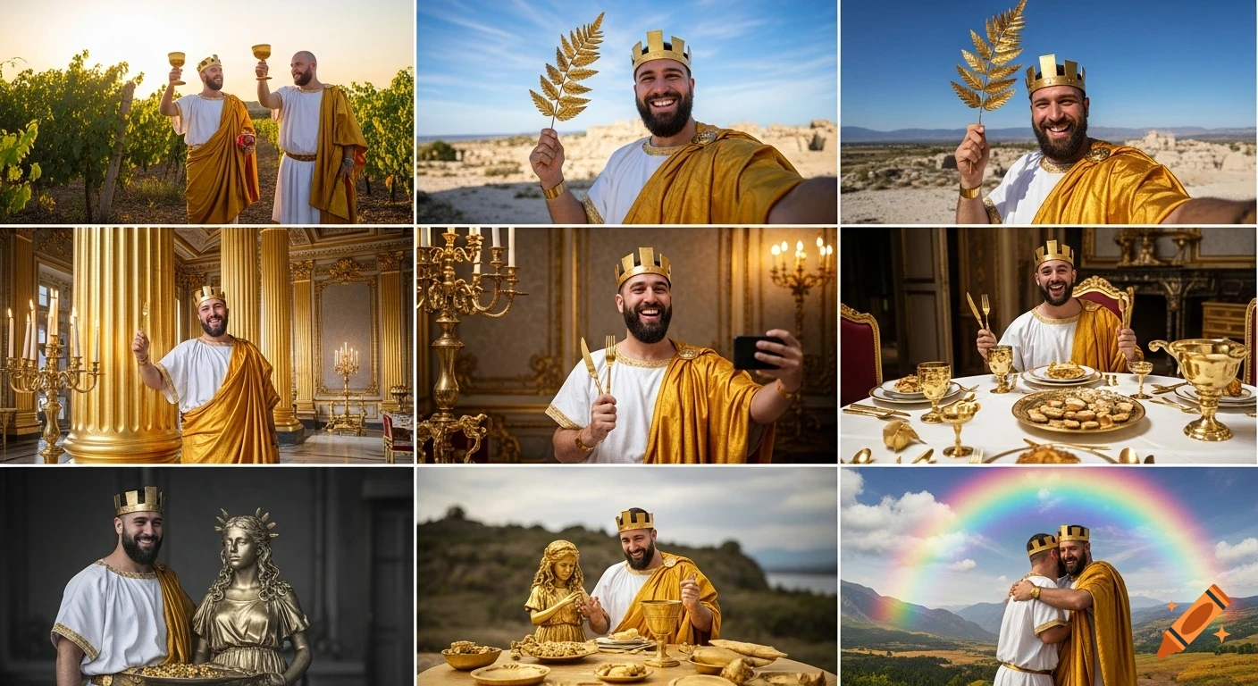 A collage of nine images depicting a bearded man dressed as King Midas in various scenes, from celebrating with Bacchus and holding a golden fern, to dining in a golden palace and embracing under a rainbow.
