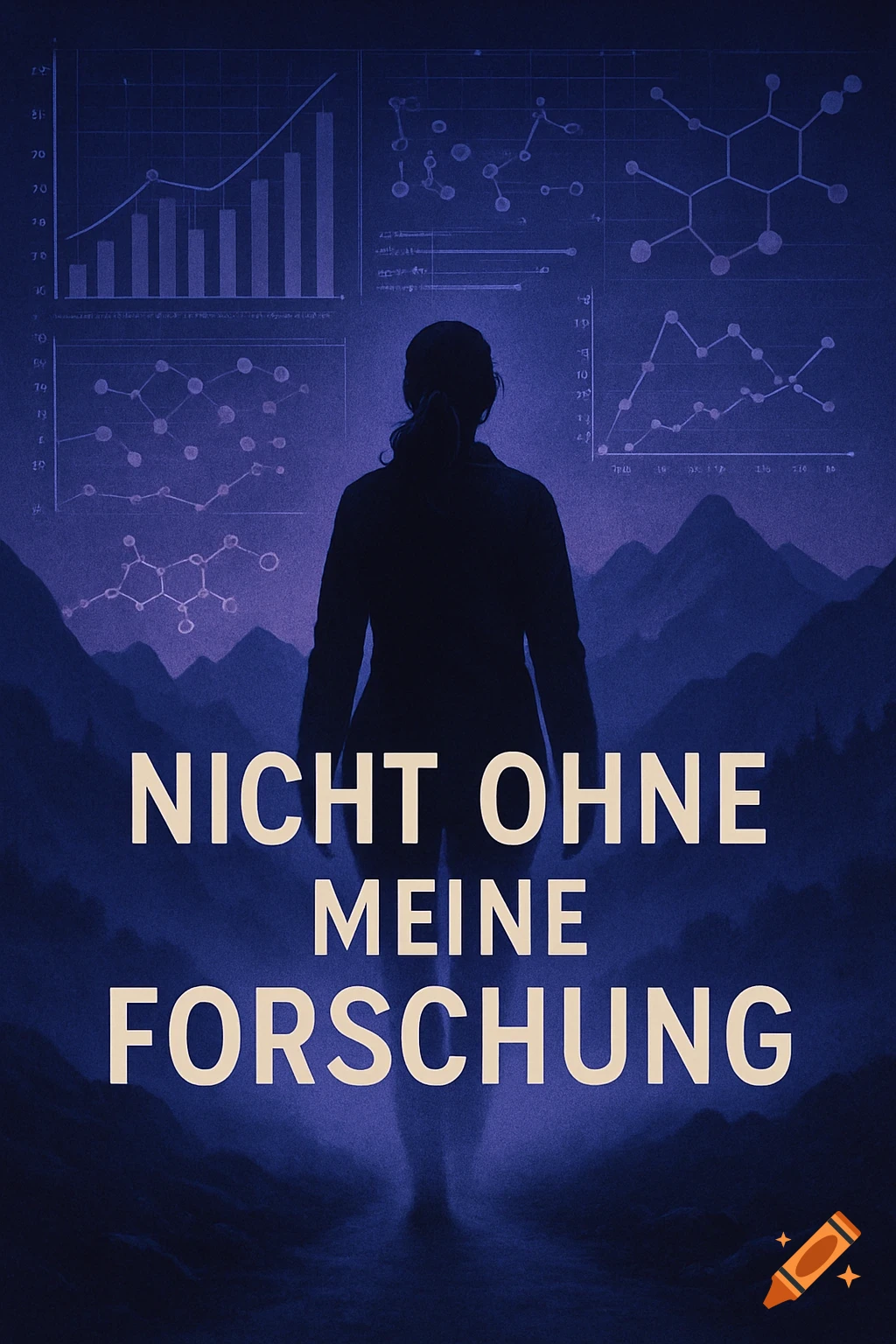 A dark blue conceptual book cover showing a person's silhouette against mountains and scientific charts, with the title 'NICHT OHNE MEINE FORSCHUNG'.