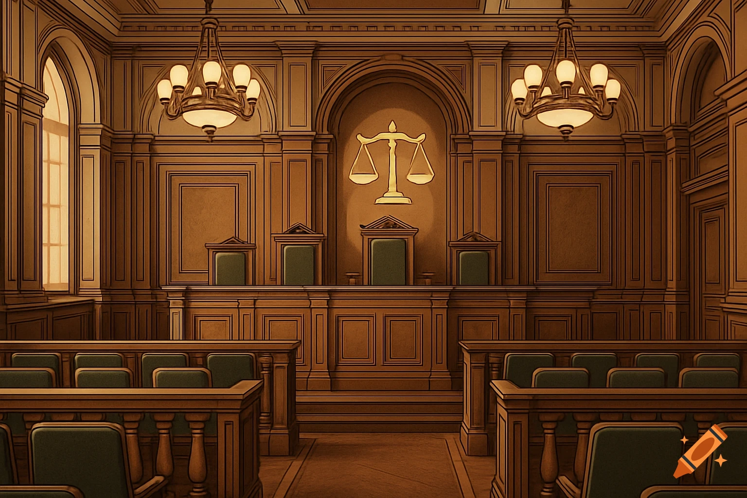 Illustrated empty courtroom with wooden paneling, three judge's chairs, and a golden scales of justice emblem.
