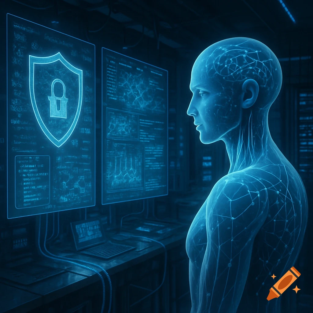 A translucent, glowing blue, human-like AI figure looks at two holographic screens displaying cybersecurity data in a dark, futuristic server room.
