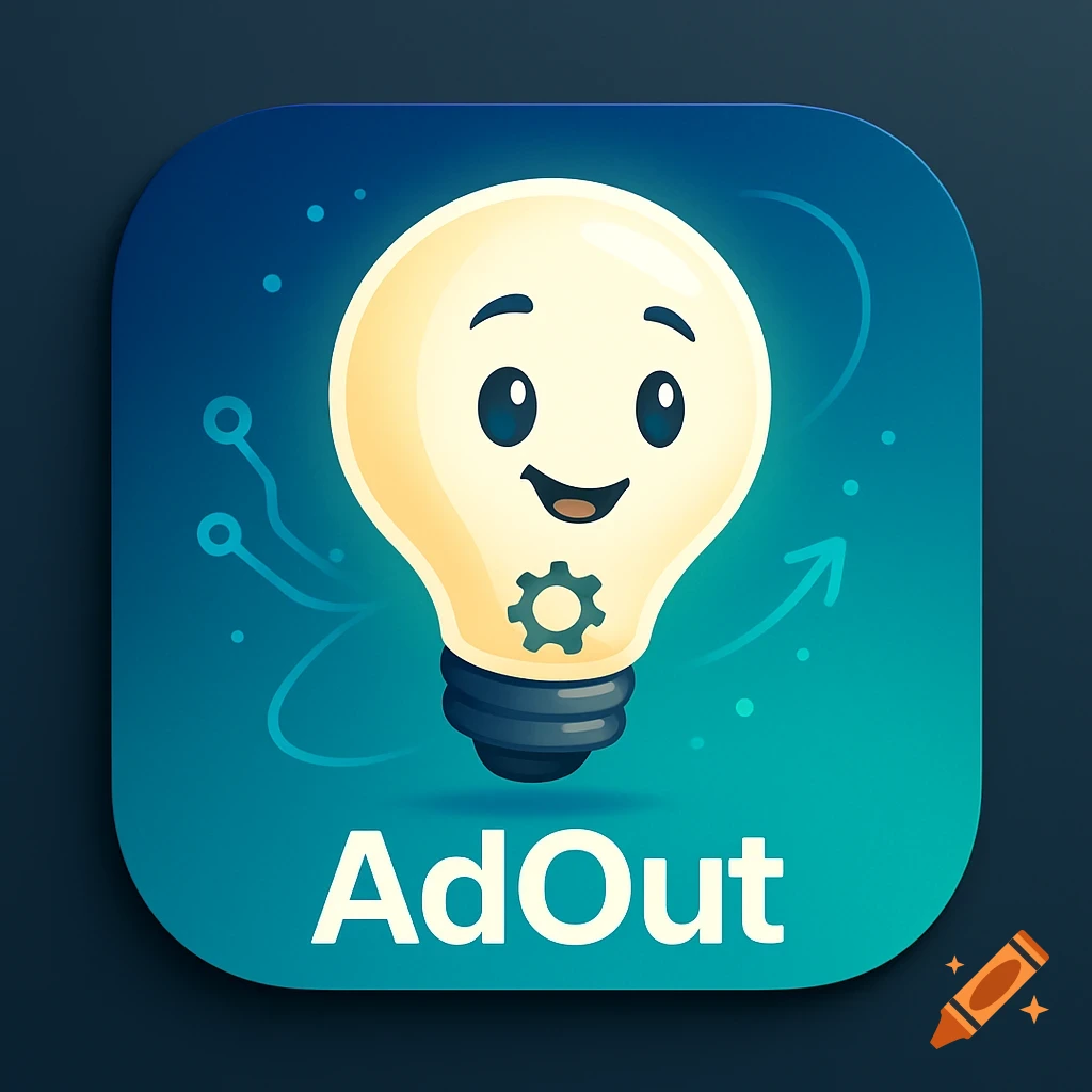 A cartoon app icon featuring a smiling lightbulb mascot with a gear, against a blue-green background, with the text 'AdOut'.