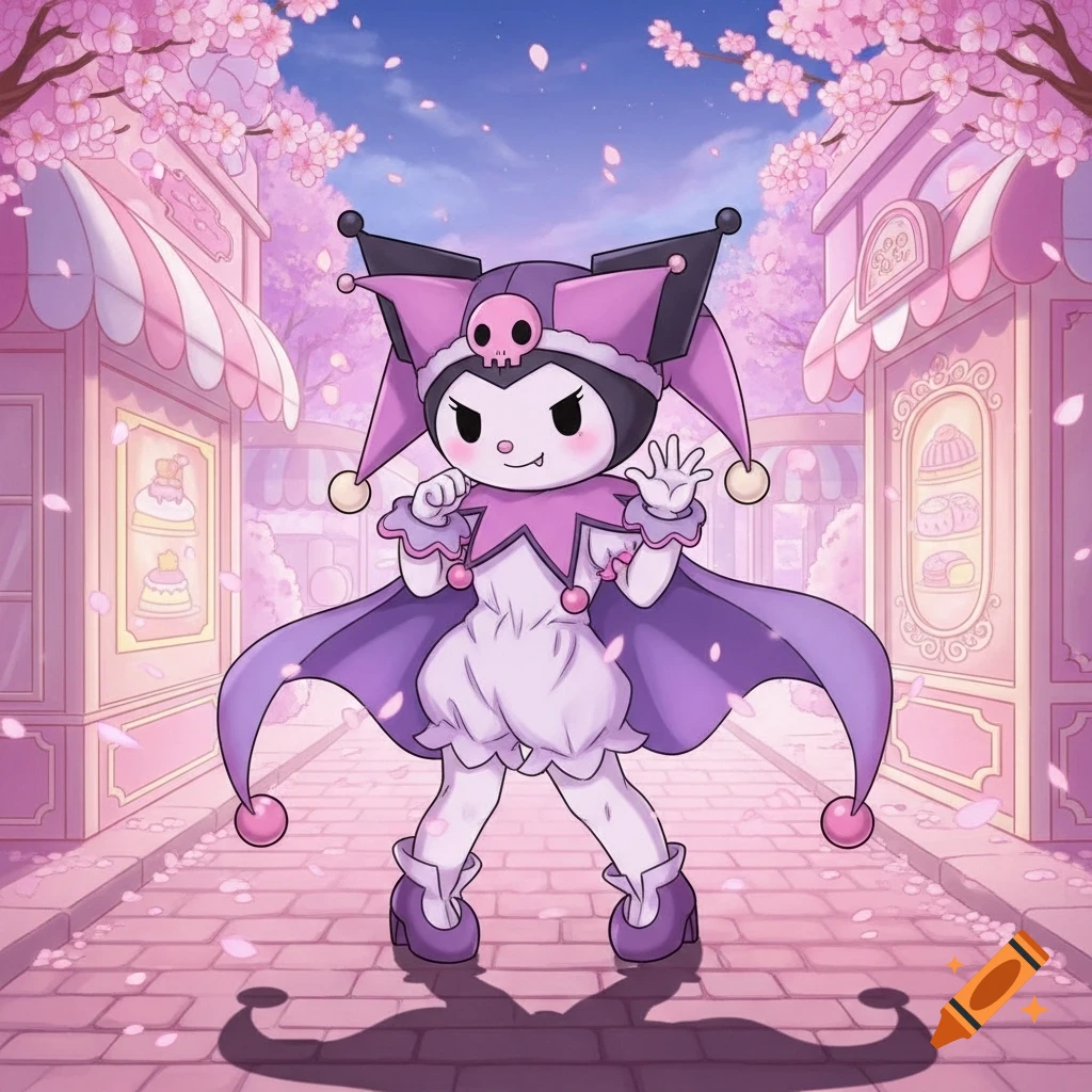 Kuromi in a jester outfit stands on a pink brick street, surrounded by cherry blossom trees and pastel shops with falling petals.