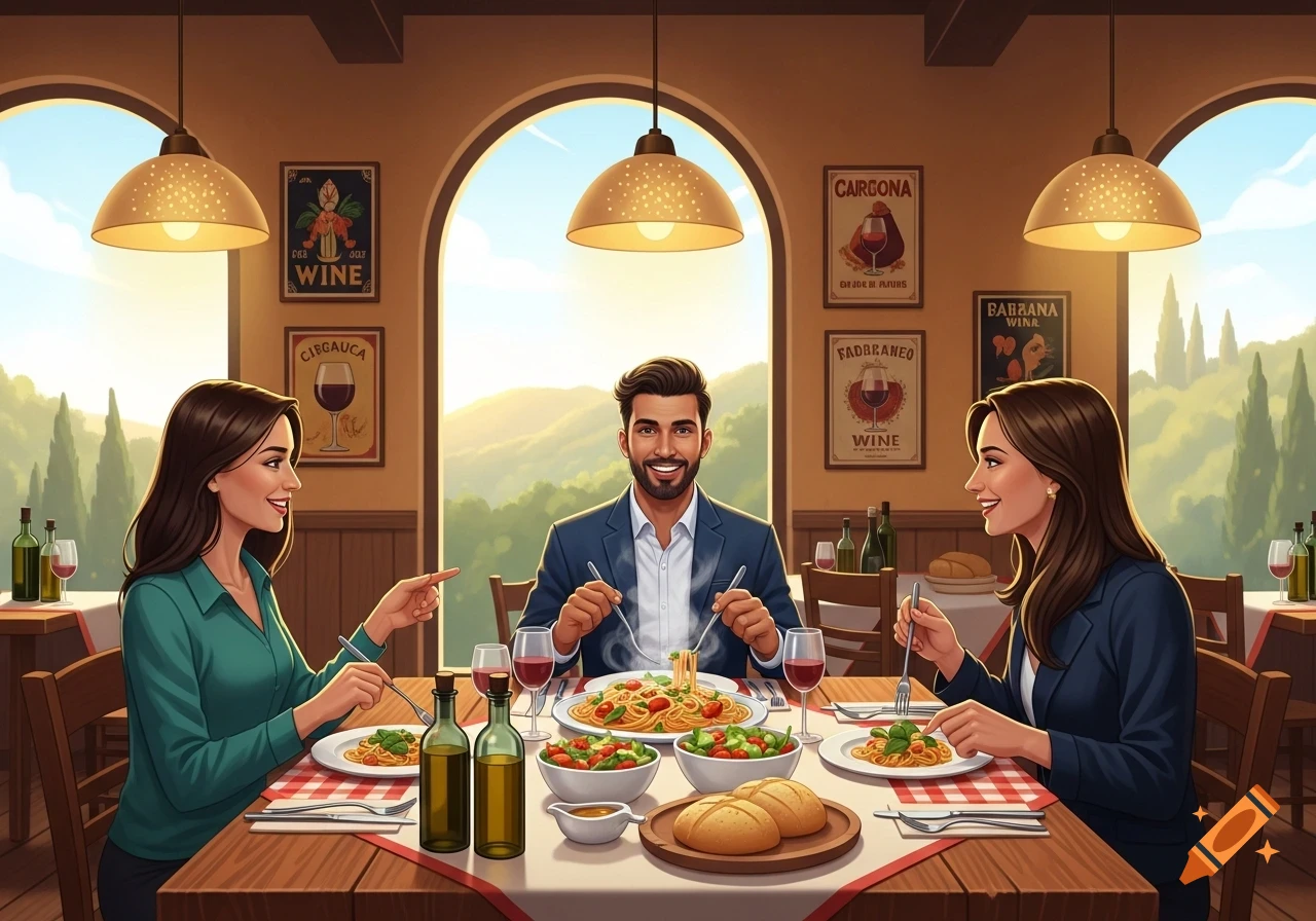 Three colleagues share a friendly lunch at an Italian restaurant with a scenic background and various dishes on the table.