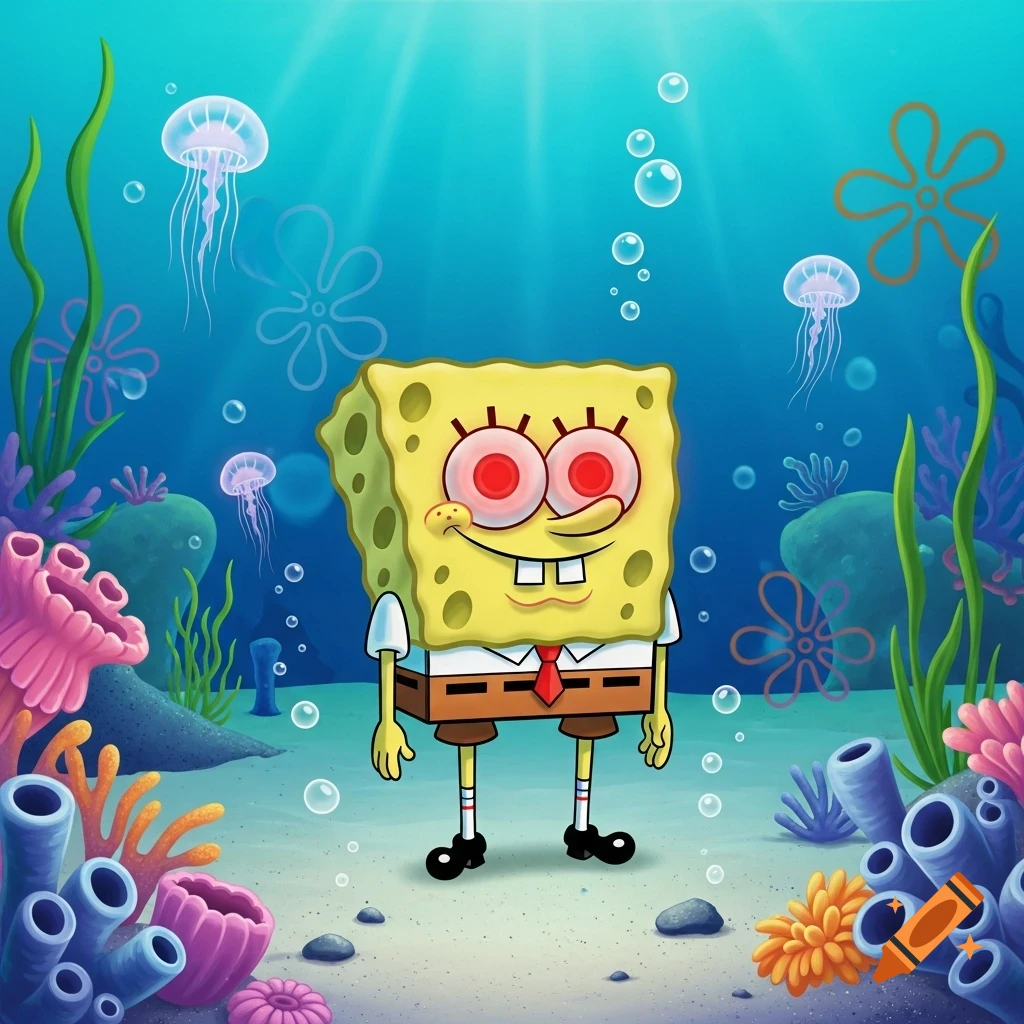 Spongebob Squarepants with red eyes stands underwater surrounded by jellyfish, coral, and sea plants in a cartoon style.