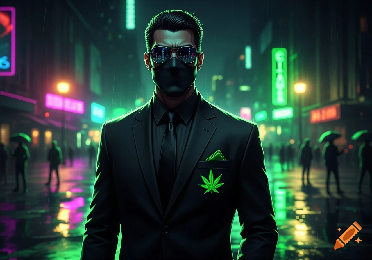 A masked man in a black suit with a cannabis leaf on his pocket stands in a neon-lit, rainy cyberpunk city street.