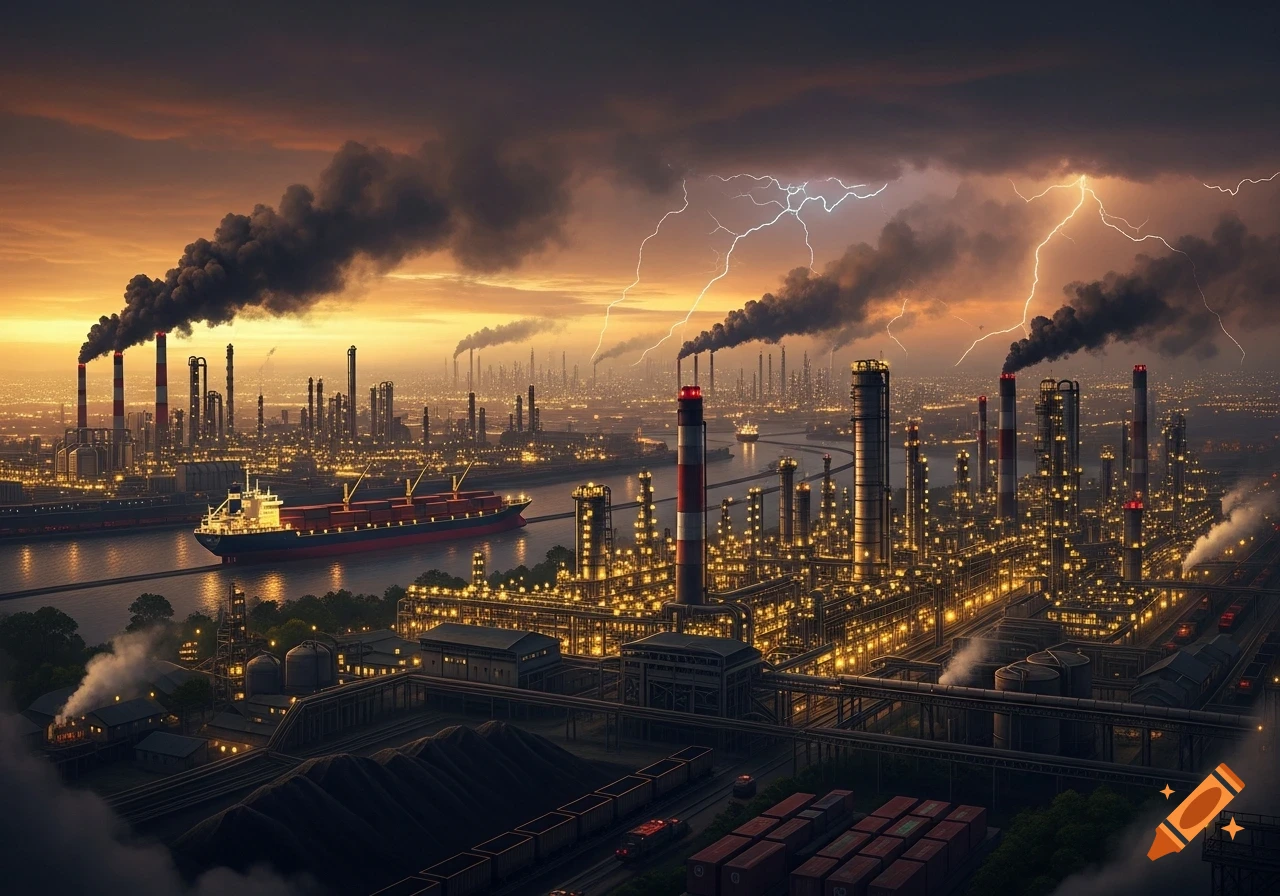 A vast industrial complex with factories and smokestacks emitting dark smoke at dusk, with lightning in the sky and a cargo ship on the river.