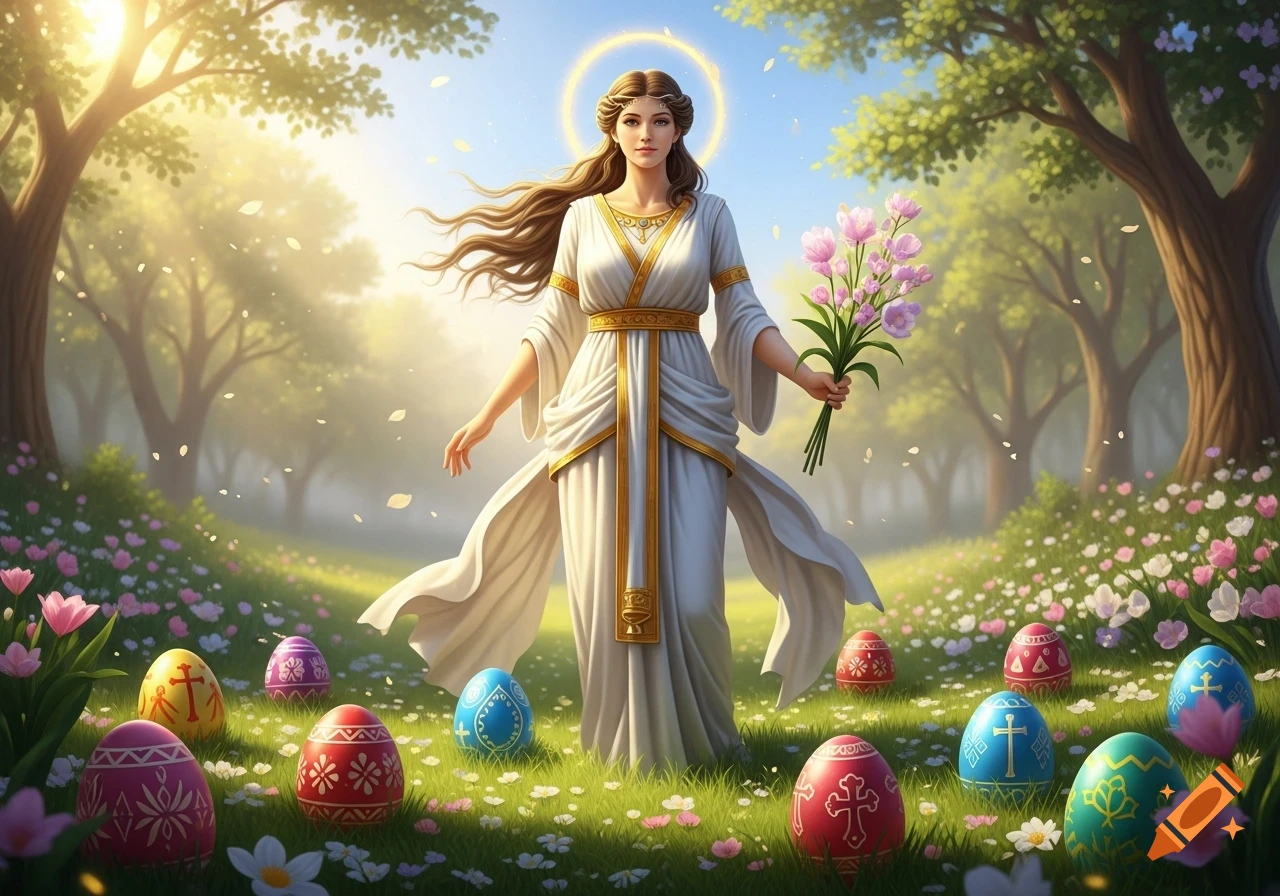 A goddess-like woman with a halo stands in a sunny spring meadow surrounded by colorful Easter eggs and pink flowers.