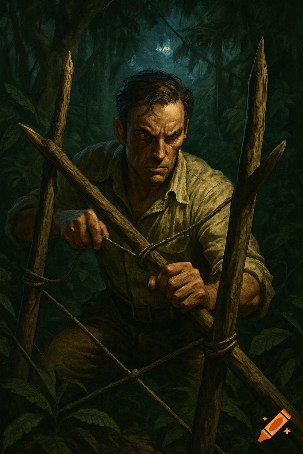 Intense man in a jungle holding makeshift wooden stakes, peering through dense foliage, realistic illustration.