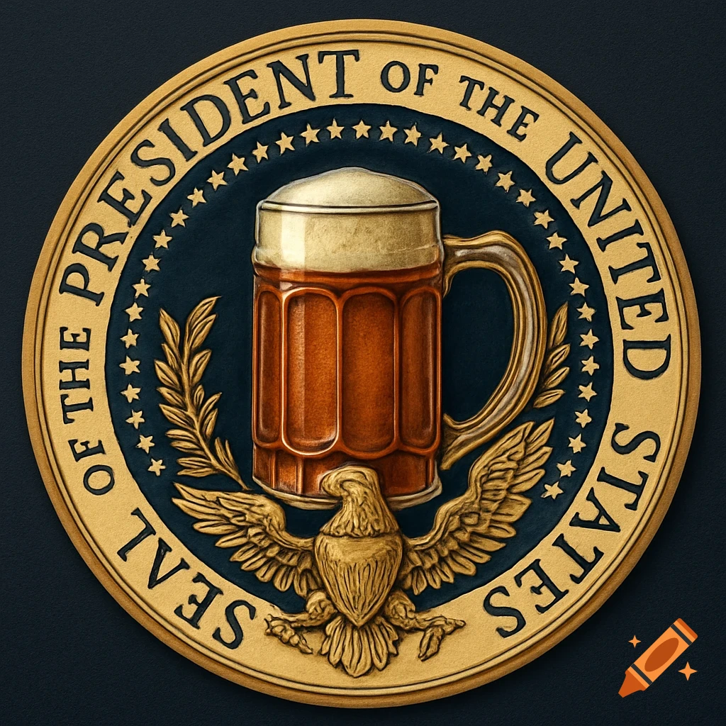 A circular golden seal with the text "SEAL OF THE PRESIDENT OF THE UNITED STATES" around the edge, featuring a frothy beer mug above an eagle emblem in the center.