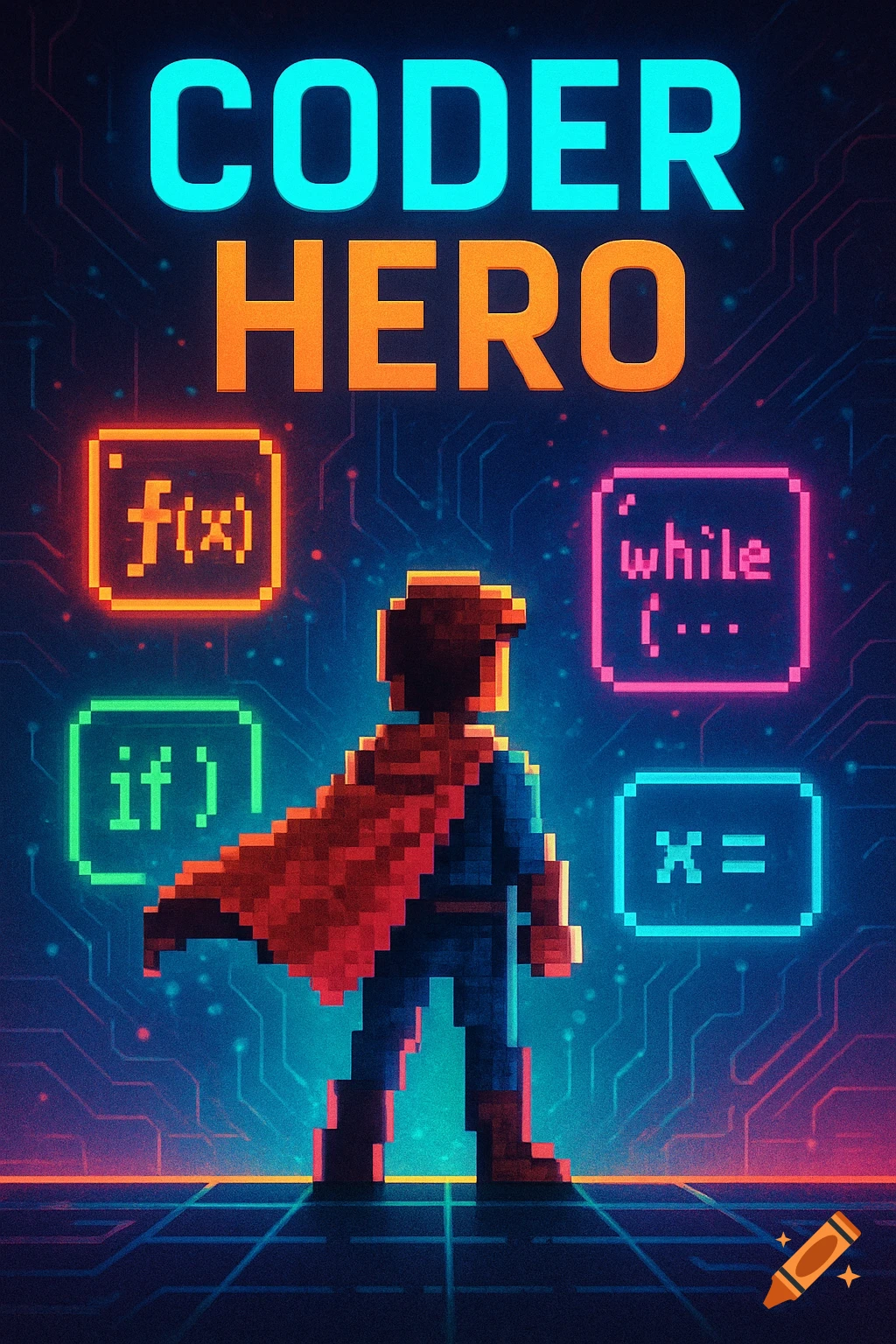 Pixel art superhero with a red cape standing on a circuit board, surrounded by glowing programming code blocks, against a dark blue background with the text 'CODER HERO'.