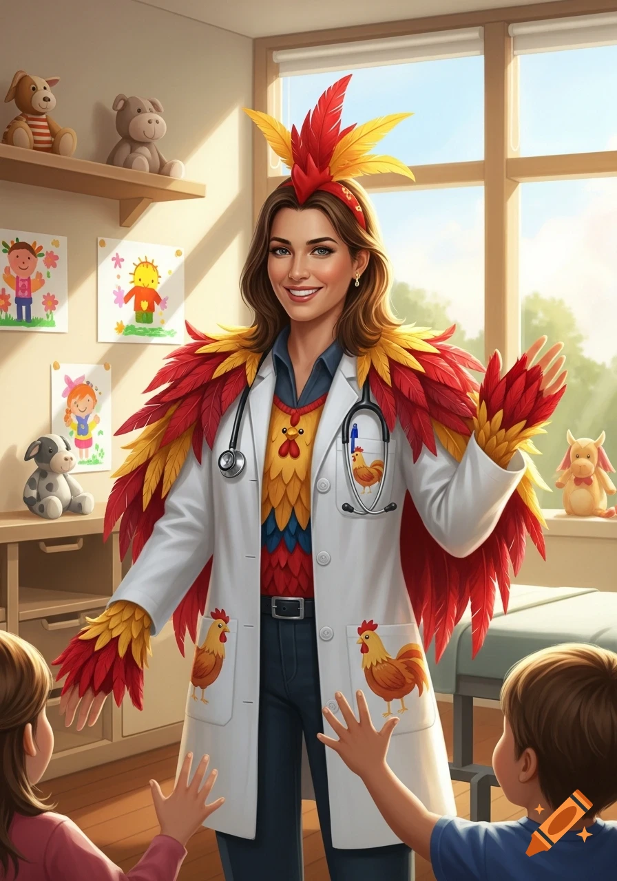 A female pediatrician in a rooster-themed outfit and white lab coat interacts with two children in a bright doctor's office, digital illustration.