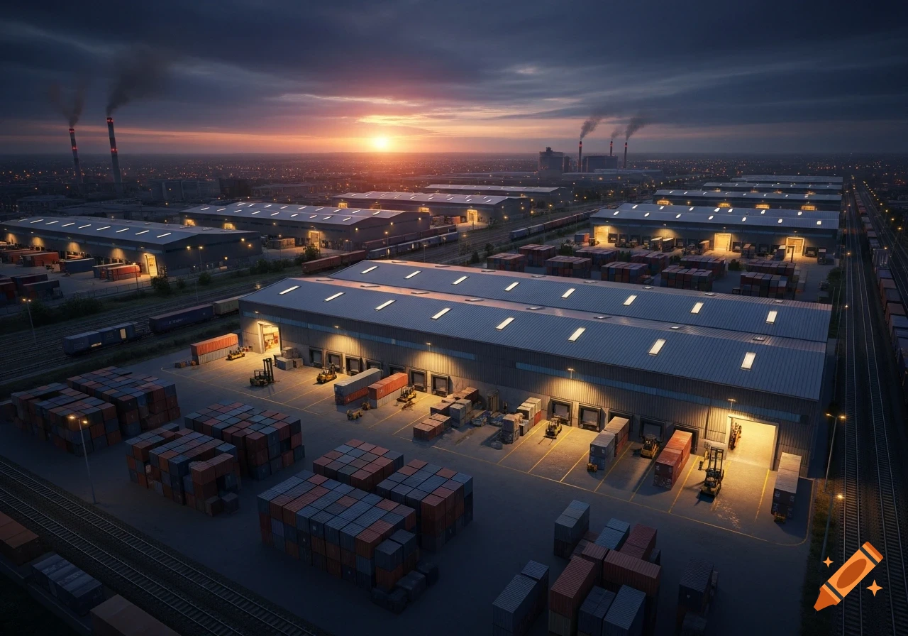 Aerial view of a sprawling industrial warehouse complex with shipping containers, freight trains, and forklifts under a sunset sky.
