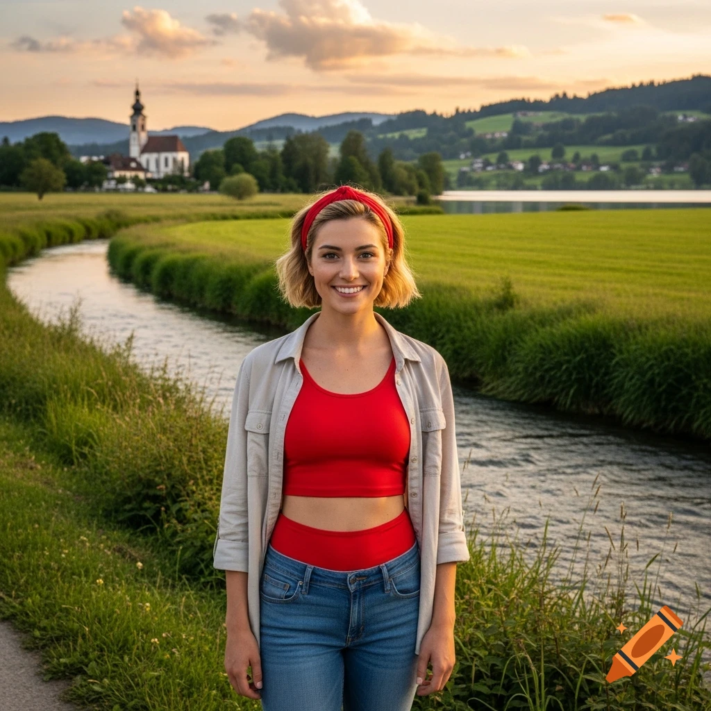 Smiling young woman in a red crop top and jeans stands by a river in a photorealistic rural landscape with a church and mountains at sunset.
