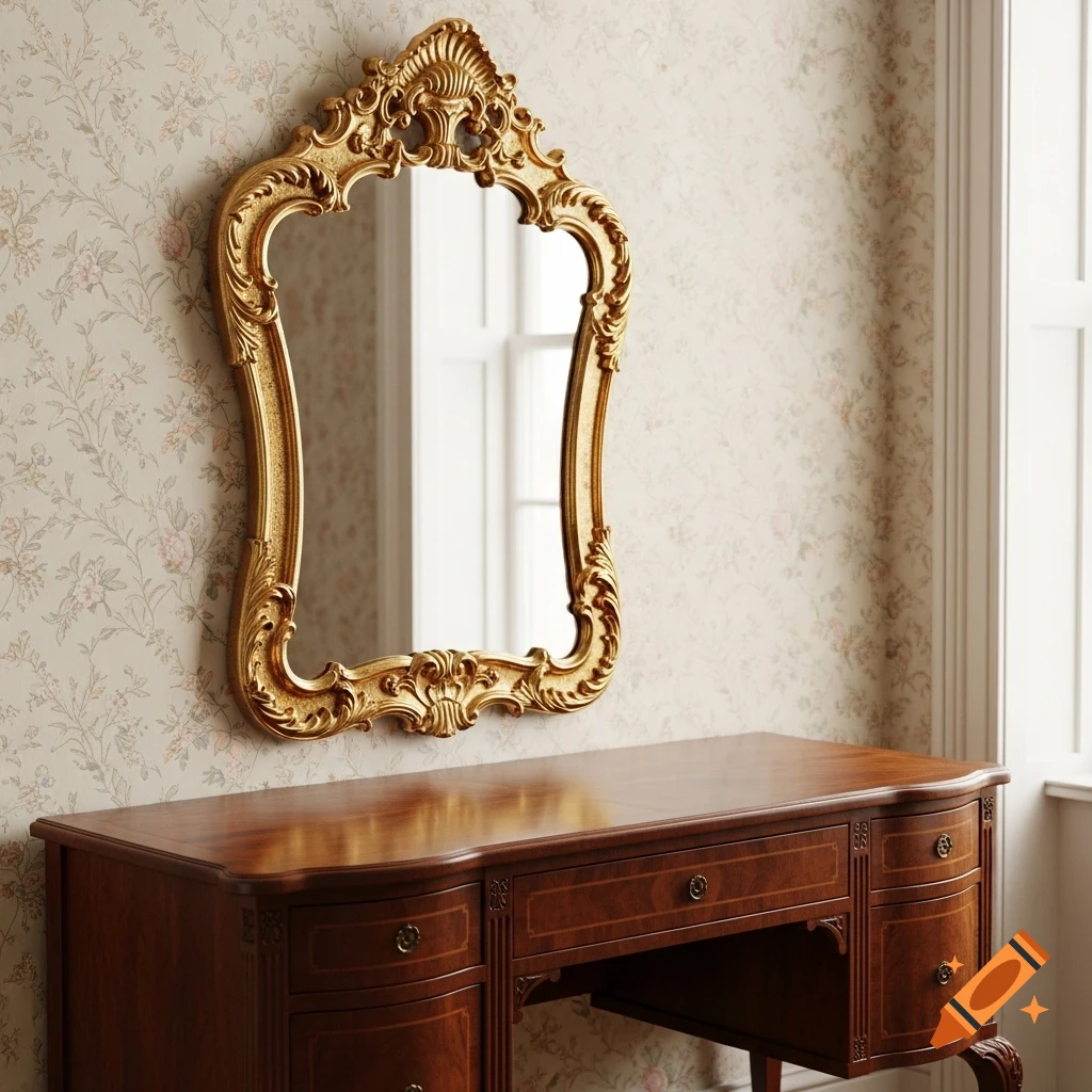 A gilded ornate mirror hangs above a dark wood antique dressing table against a floral wallpapered wall next to a window.