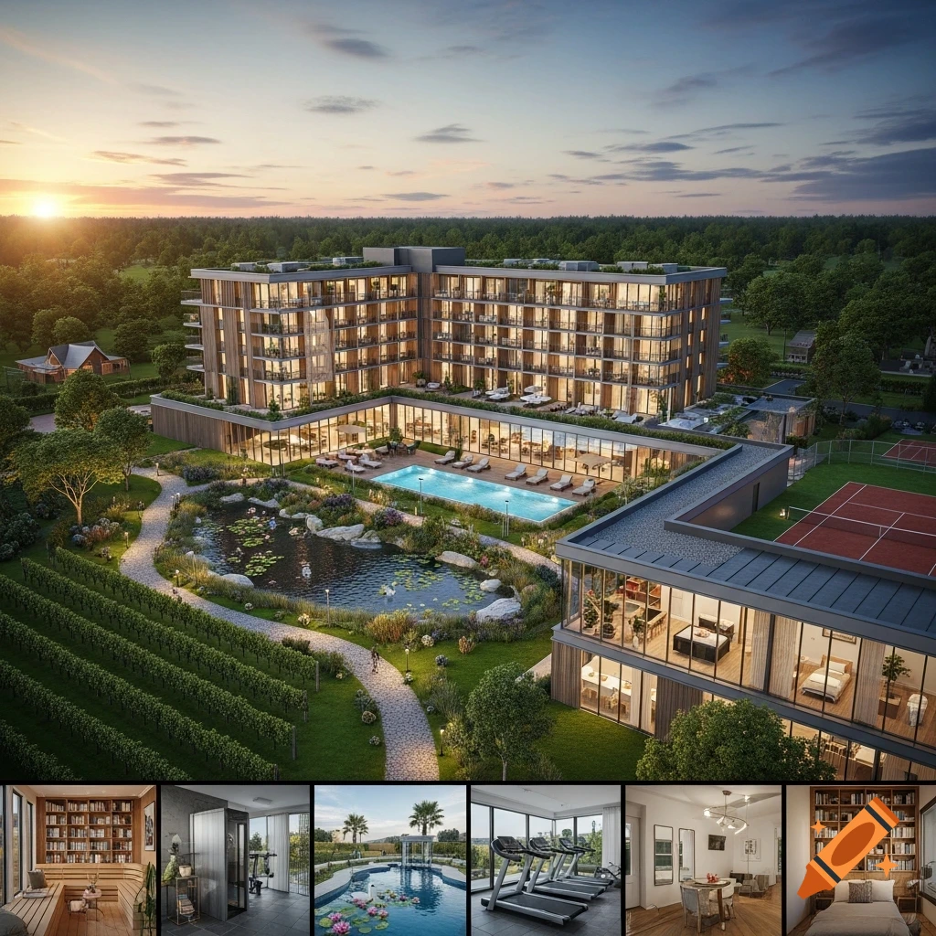 Aerial view of a luxury hotel at sunset, featuring a main building, pool, tennis courts, vineyard, and an artificial lake. Interior vignettes shown below.