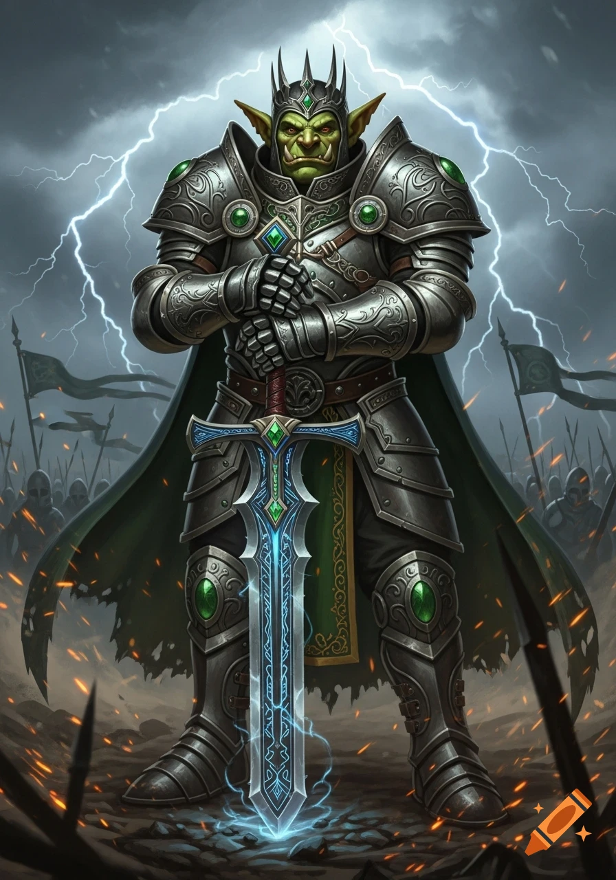 A noble green goblin warrior in ornate full plate armor holds a glowing greatsword against a stormy sky with lightning and an army in the background.