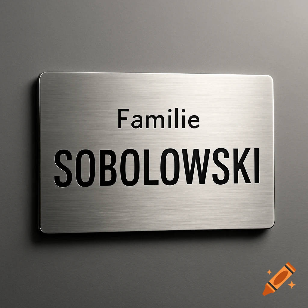 A rectangular brushed metal door sign with 'Familie' (Family) in smaller font above 'SOBOLOWSKI' in large, modern capital letters.