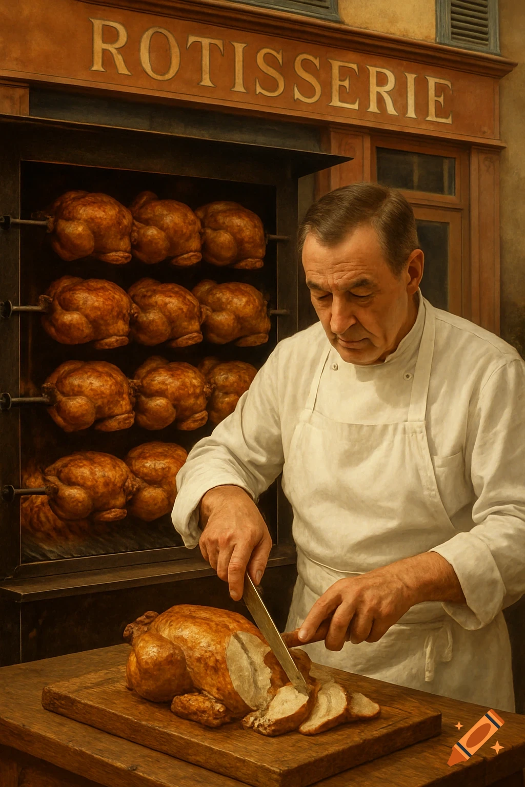 A chef carves a roasted chicken on a wooden board, with many chickens in a rotisserie oven under a 'ROTISSERIE' sign. Photorealistic.