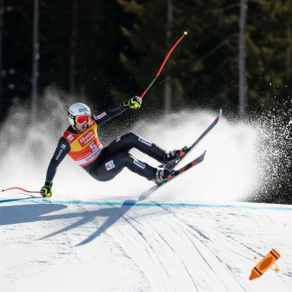 A downhill skier in a black suit with bib number 5 leans sharply, kicking up snow as they navigate a snowy slope lined with trees.