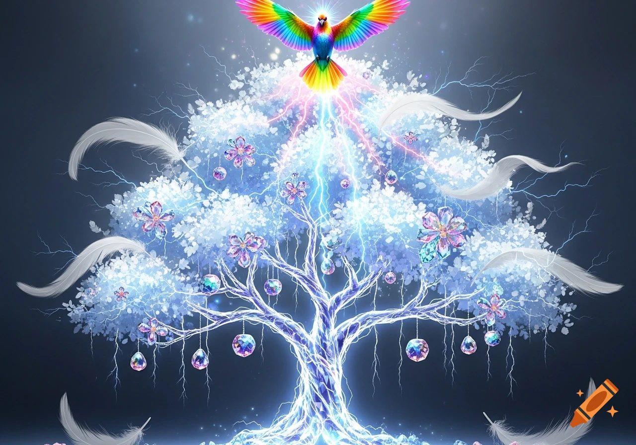 A vibrant, glowing crystal tree with white feather leaves and hanging crystal orbs, topped by a rainbow bird emitting lightning.
