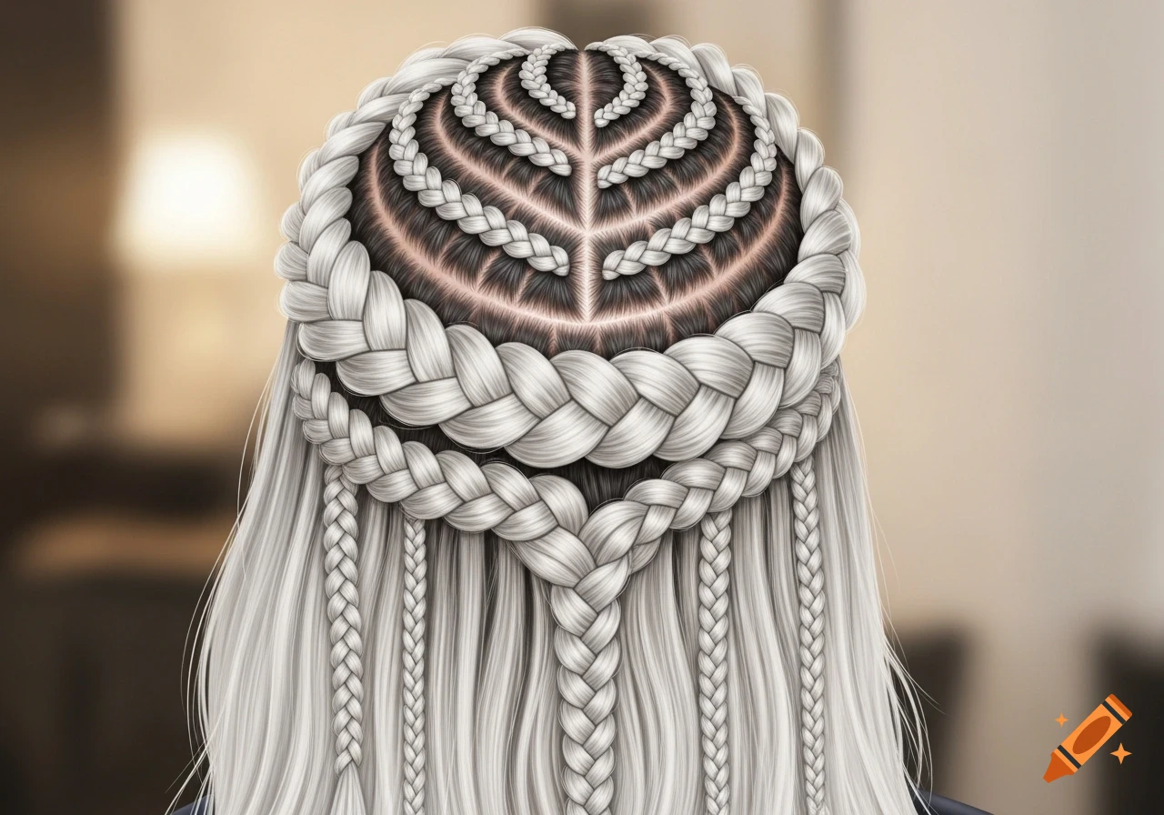 Back of a head with intricate platinum blonde braids forming a leaf pattern on the scalp.