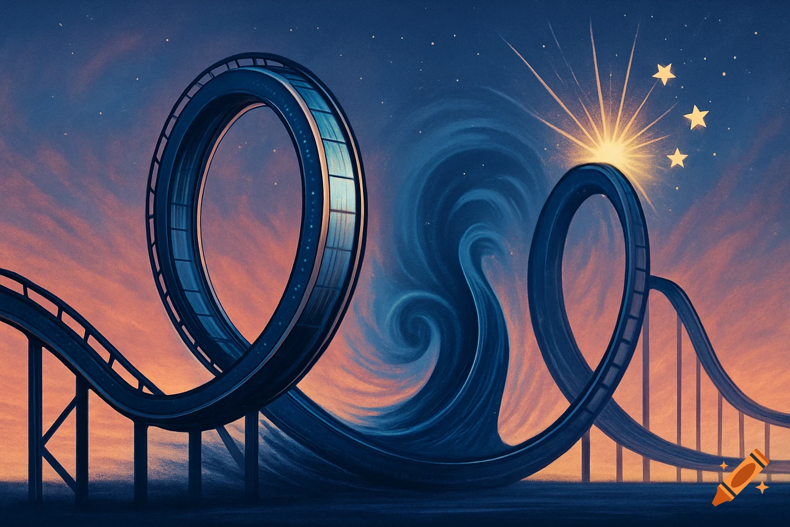 A stylized dark blue roller coaster with large loops against a vibrant orange and dark blue sunset sky with stars and a central swirling cloud.