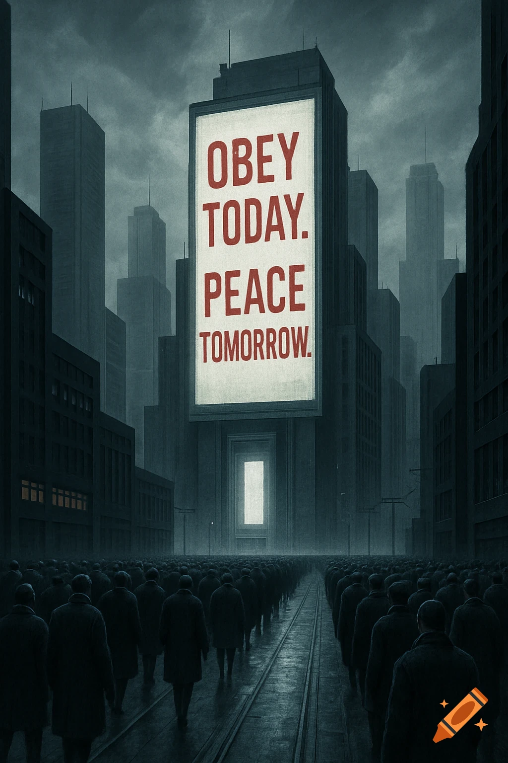 A dark, dystopian cityscape with a large billboard displaying "OBEY TODAY. PEACE TOMORROW." over a crowd of people.