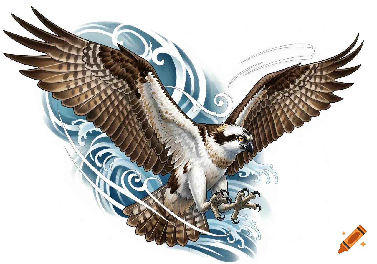 Stylized tattoo of an osprey bird in flight with spread wings against blue waves.