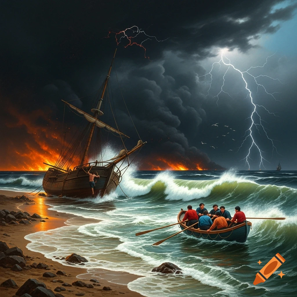 A dramatic 19th-century oil painting of a stormy North Sea coast with a shipwreck, fire on the horizon, and men in a lifeboat.
