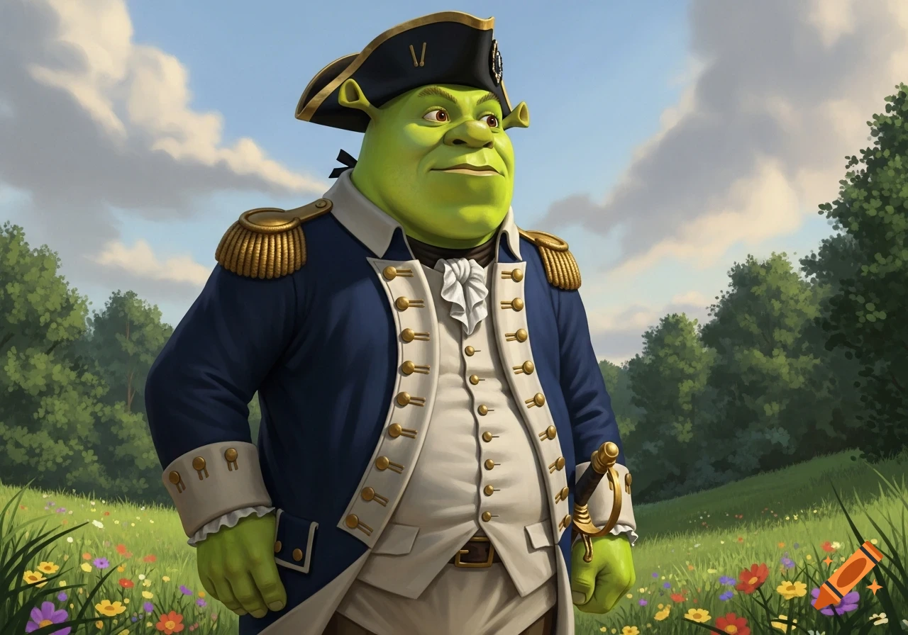Shrek in a blue continental uniform and tricorn hat stands in a green field with trees and a blue sky.