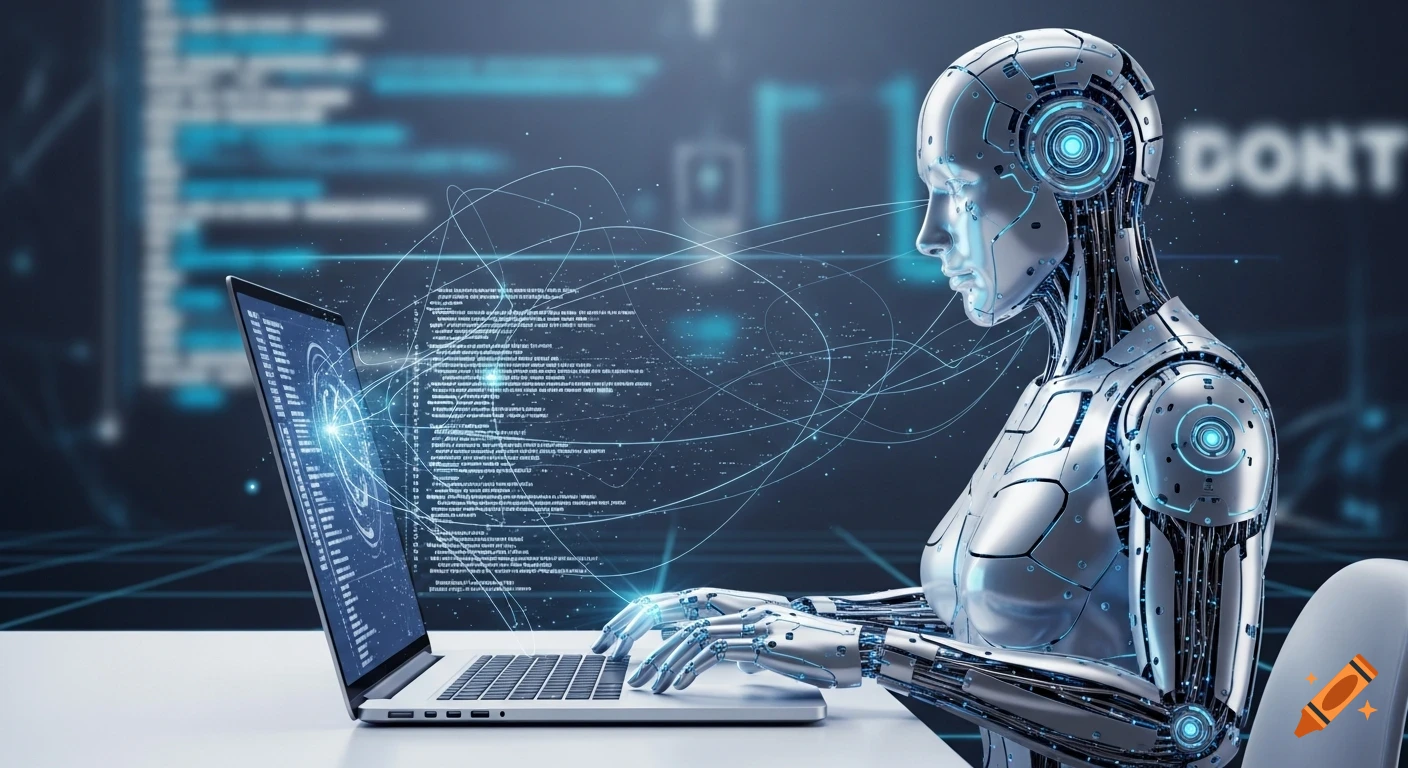 A futuristic silver android robot sits at a desk, typing on a laptop keyboard, surrounded by glowing blue code and digital lines.