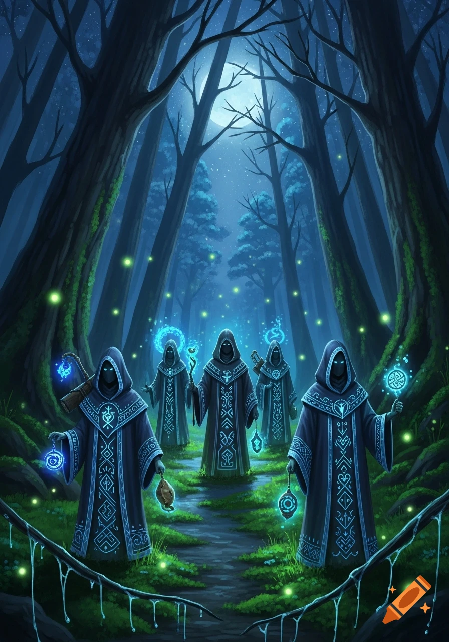 Five hooded figures in dark, patterned cloaks stand on a mossy forest path under a full moon, holding glowing mystical artifacts.