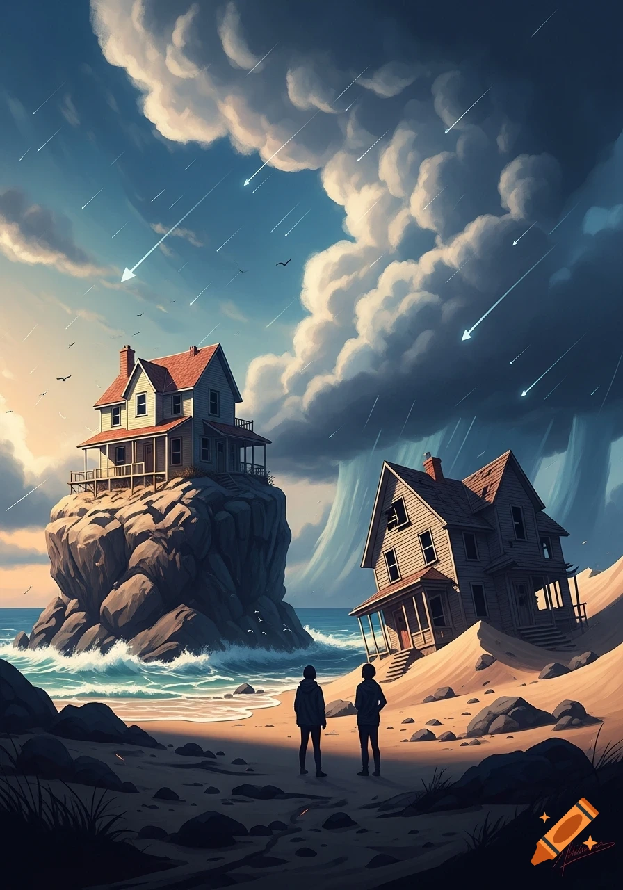 A stylized art image of two houses on a stormy beach, one stable on a rock and one leaning in sand, with two people observing falling meteors.