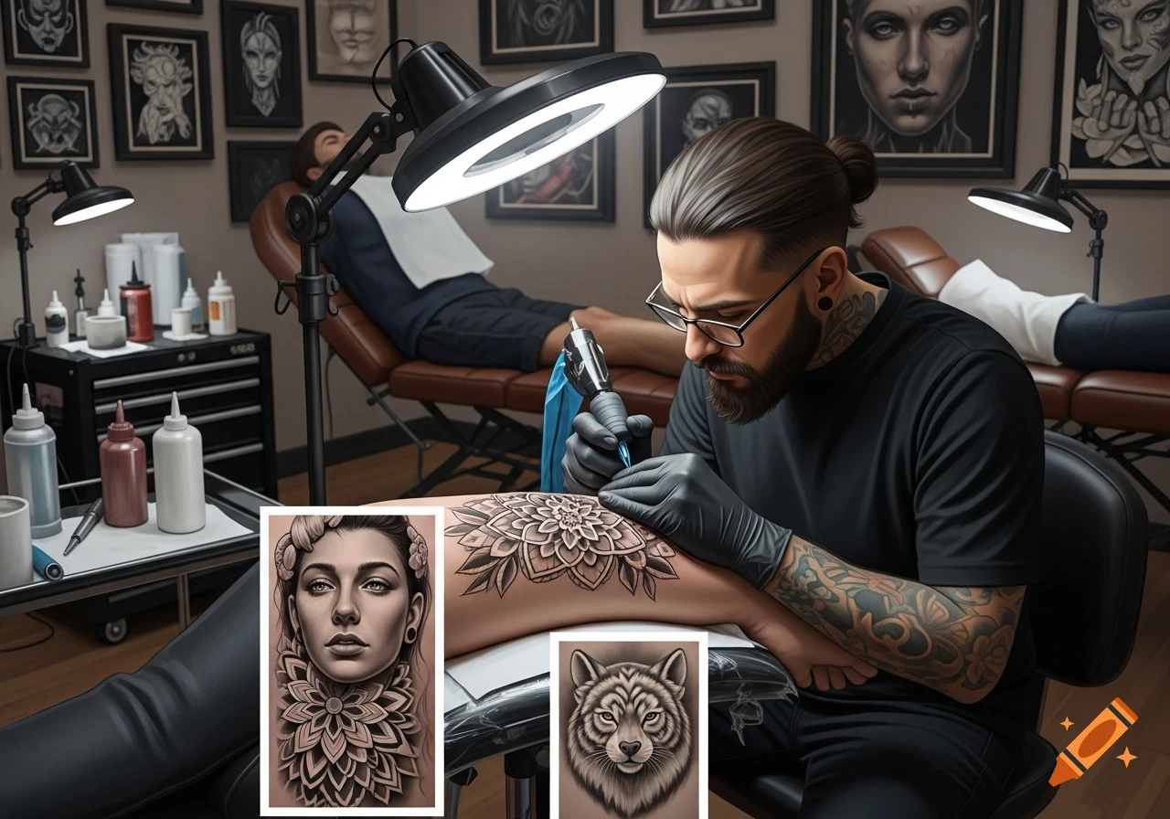 A male tattoo artist with a beard and glasses tattoos a mandala design on a client's leg in a modern studio filled with art.