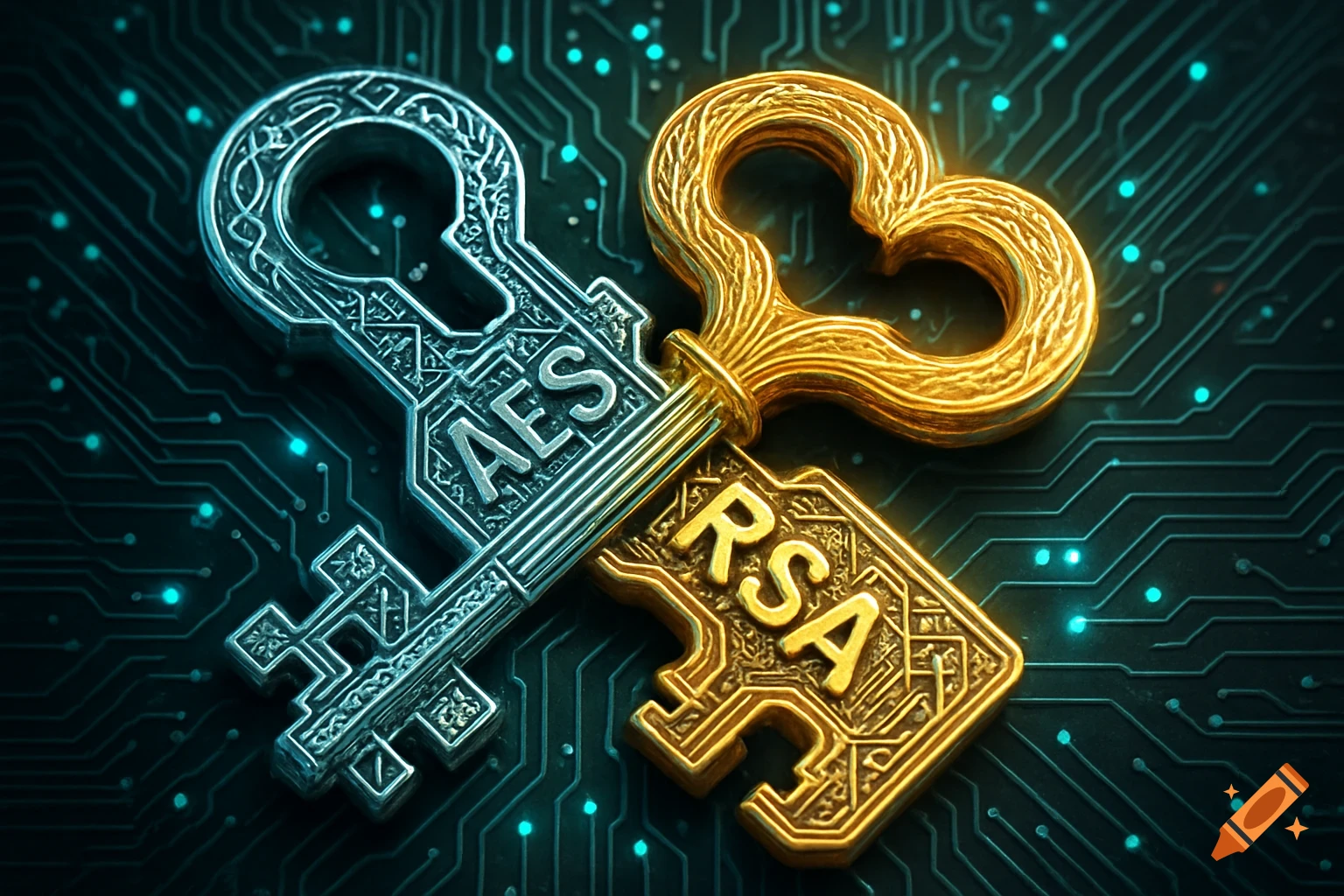 Two intricately designed metallic keys, one silver with 'AES' and one gold with 'RSA', intertwined on a glowing circuit board background.