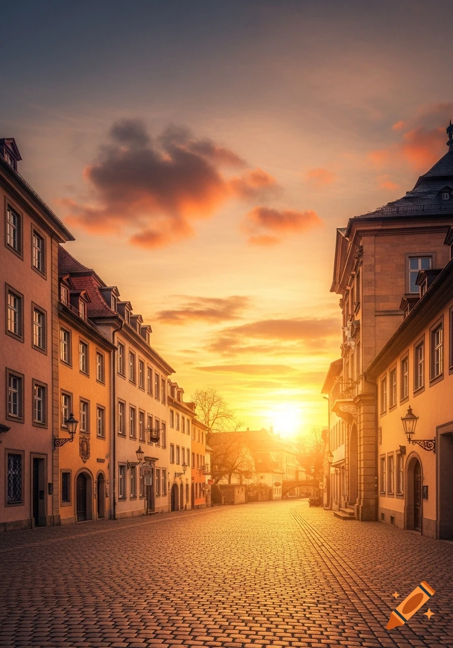A picturesque cobbled street lined with historic European buildings at ...