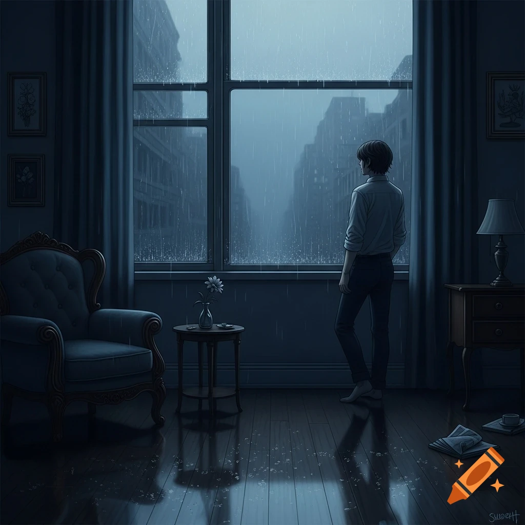 A person stands with their back to the viewer, looking out a window at a rainy city street from a dimly lit room, in a digital art style.