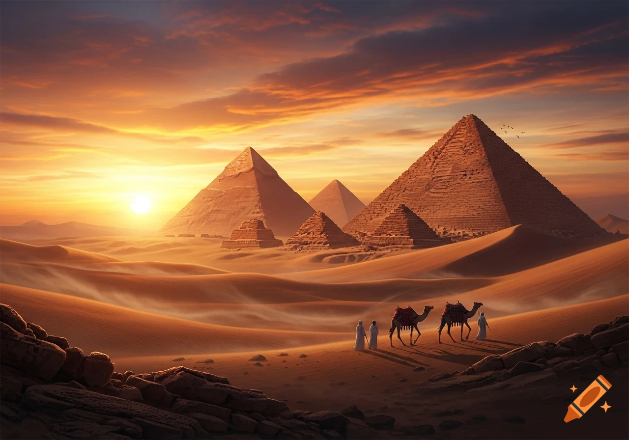Photorealistic image of a desert landscape with ancient Egyptian pyramids and travelers with camels at sunset.