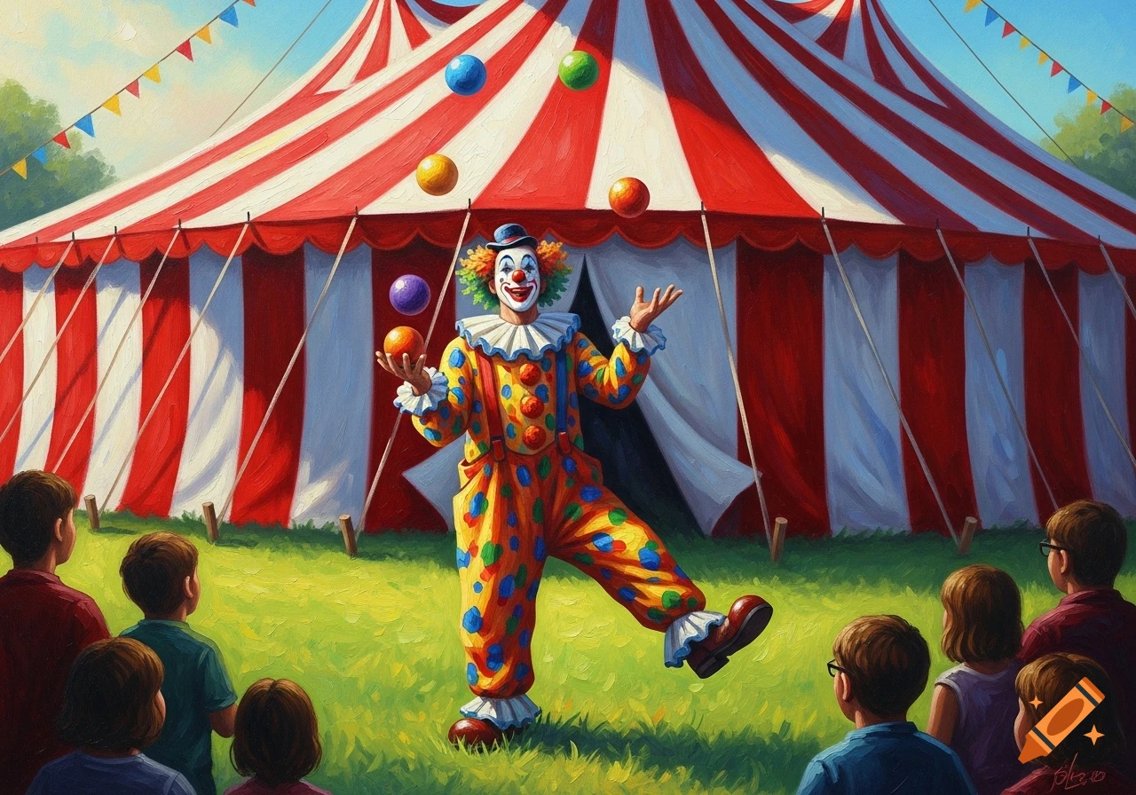 A colorful clown juggles several balls in front of a red and white striped circus tent, watched by a small audience in an oil painting style.