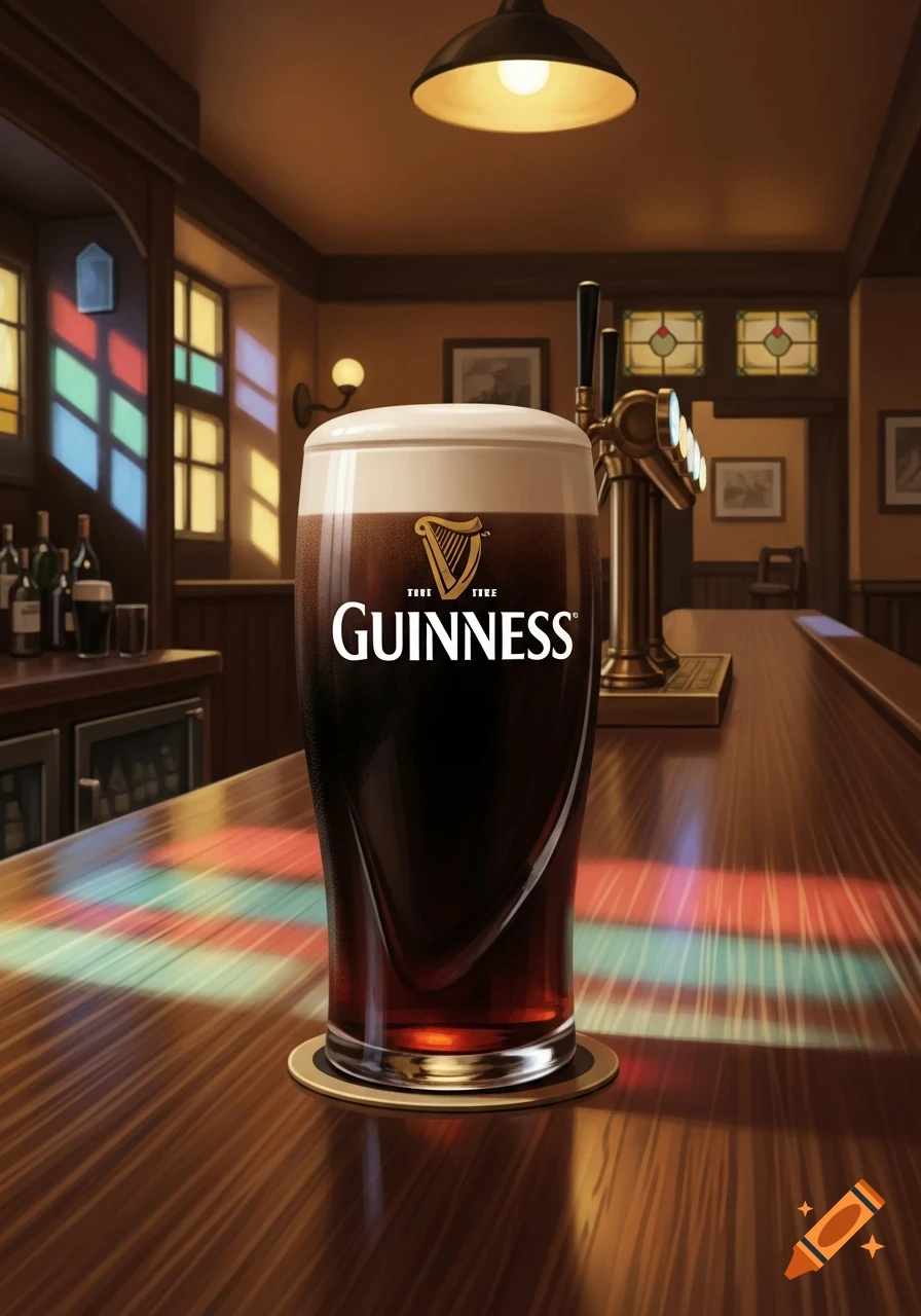 A photorealistic pint of Guinness on a wooden bar in a dimly lit pub.