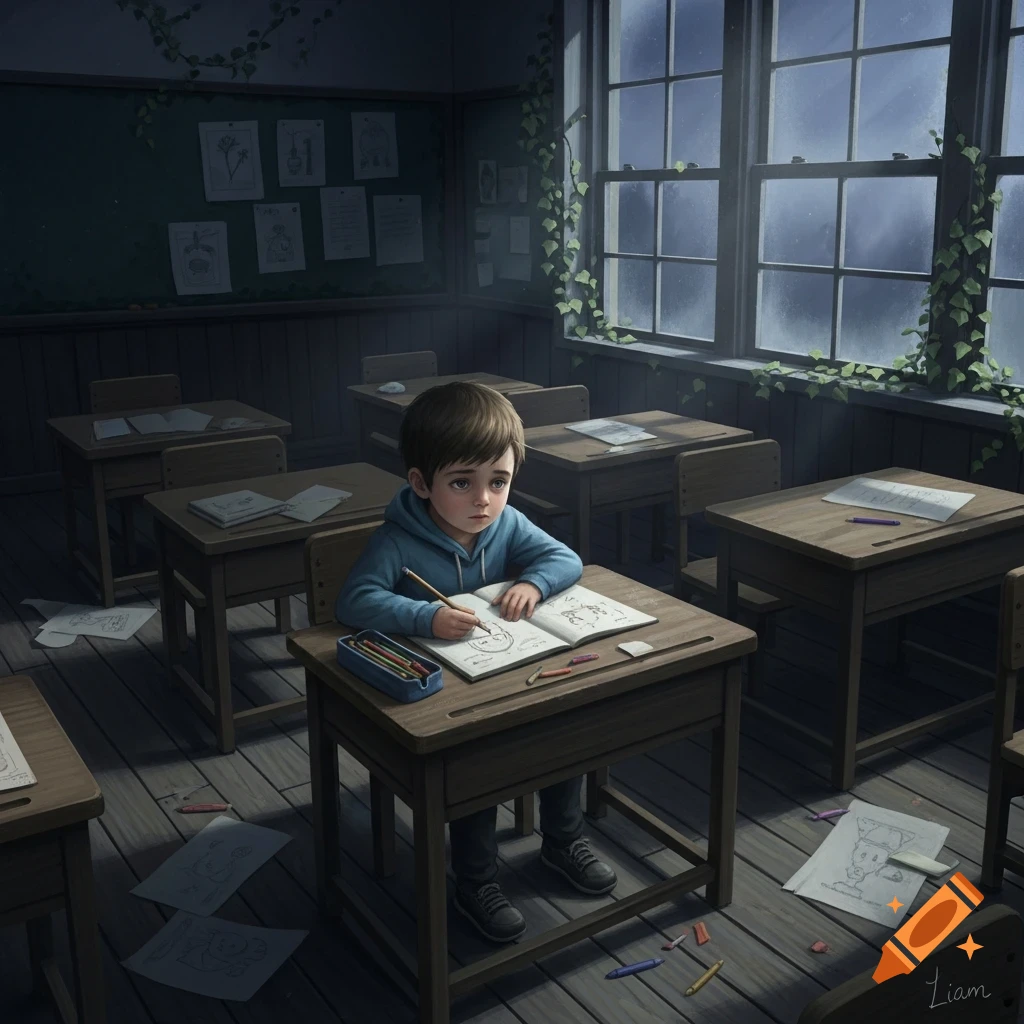 A sad boy with brown hair in a blue hoodie sits at a wooden desk in an abandoned classroom, drawing in a notebook with crayons. Vines grow on windows and walls, and papers litter the floor in the dark, moody scene.