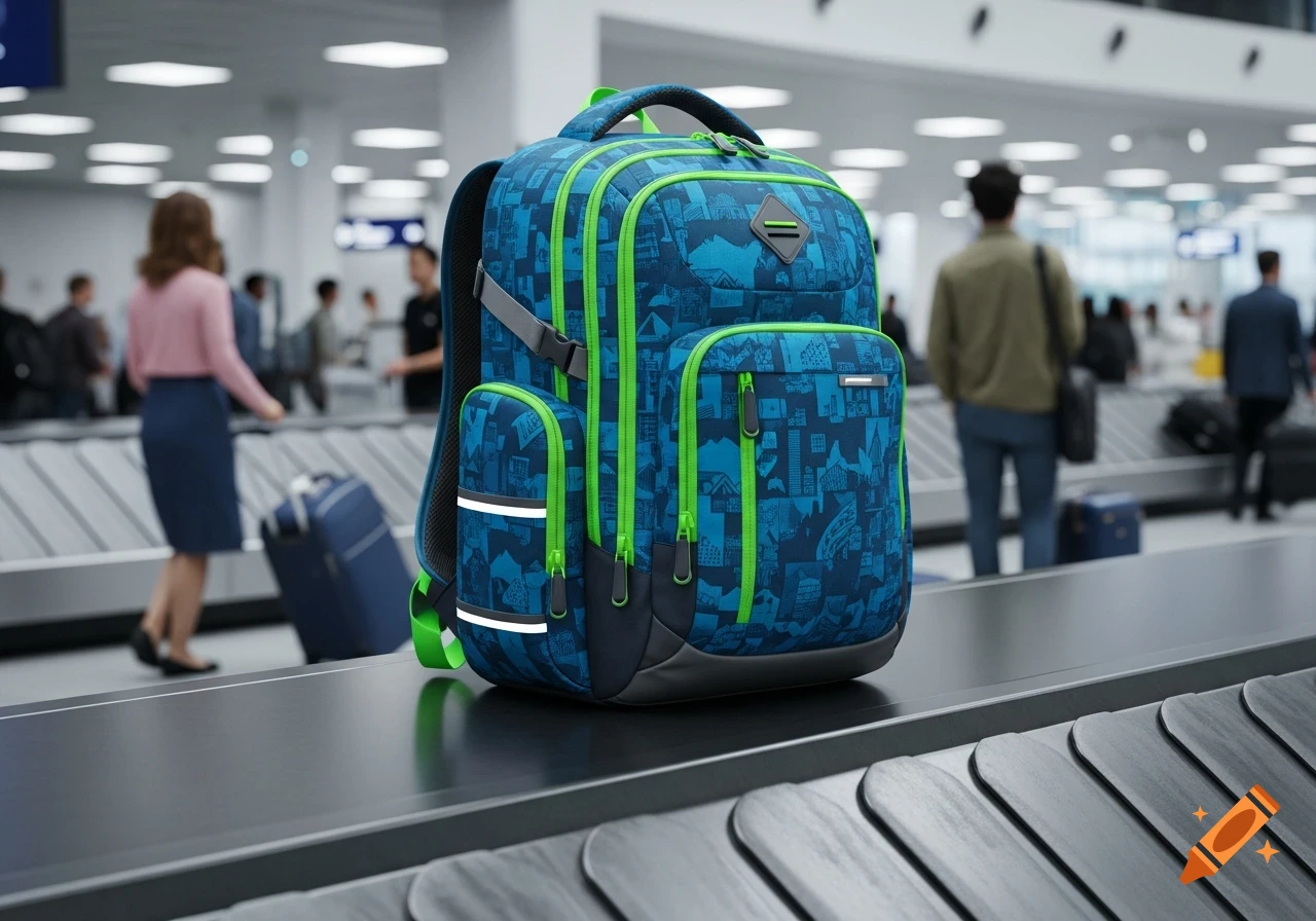 A blue and green backpack on an airport baggage claim conveyor belt with people in the blurred background, photorealistic style.