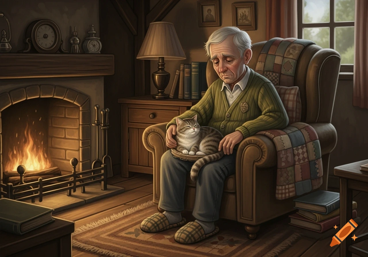 An old man sits in an armchair by a warm fireplace, gently petting a striped cat resting on his lap. He looks sad.