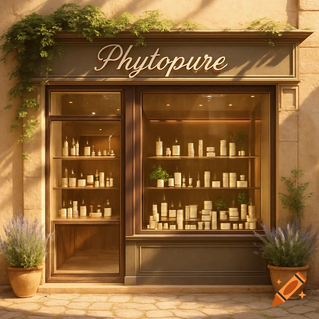 Photorealistic image of a 'Phytopure' cosmetic shop storefront with potted lavender plants and climbing ivy in warm light.