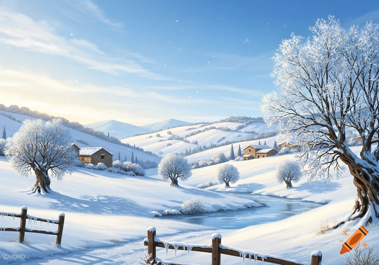 A picturesque winter landscape with snow-covered hills, frosted trees, a winding river, and distant stone houses under a clear blue sky.