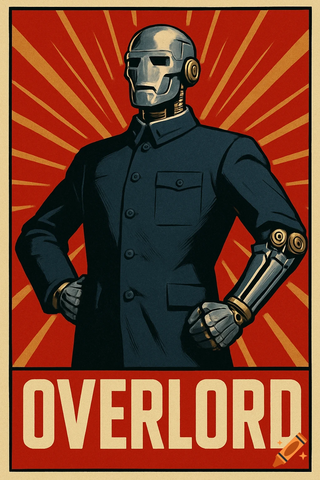 Humanoid robot in a Mao suit, rendered in communist propaganda poster style, with 'OVERLORD' text.